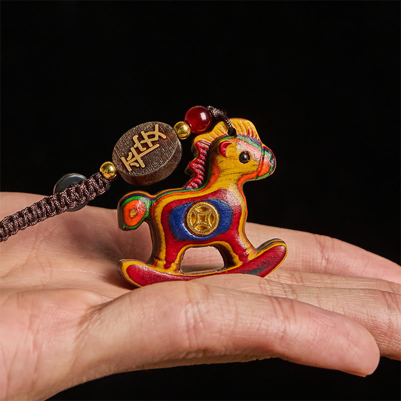 Wear FengShui Year of the Horse Rainbow Eucalyptus Small Leaf Red Sandalwood Linden Wood Ebony Carved Positive Key Chain