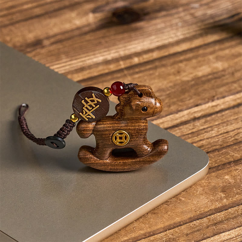Wear FengShui Year of the Horse Rainbow Eucalyptus Small Leaf Red Sandalwood Linden Wood Ebony Carved Positive Key Chain