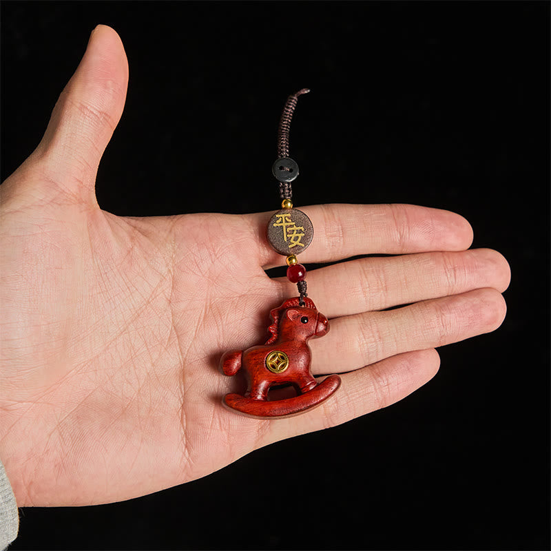 Wear FengShui Year of the Horse Rainbow Eucalyptus Small Leaf Red Sandalwood Linden Wood Ebony Carved Positive Key Chain