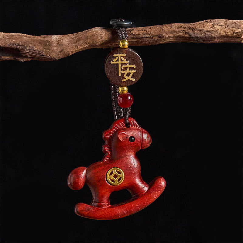 Wear FengShui Year of the Horse Rainbow Eucalyptus Small Leaf Red Sandalwood Linden Wood Ebony Carved Positive Key Chain