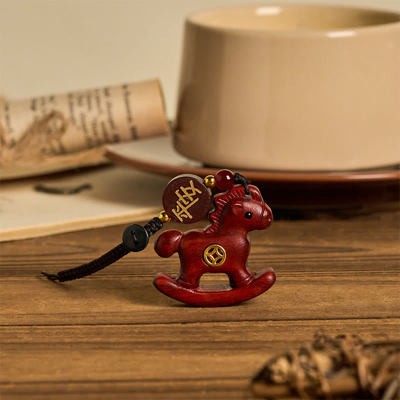 Wear FengShui Year of the Horse Rainbow Eucalyptus Small Leaf Red Sandalwood Linden Wood Ebony Carved Positive Key Chain