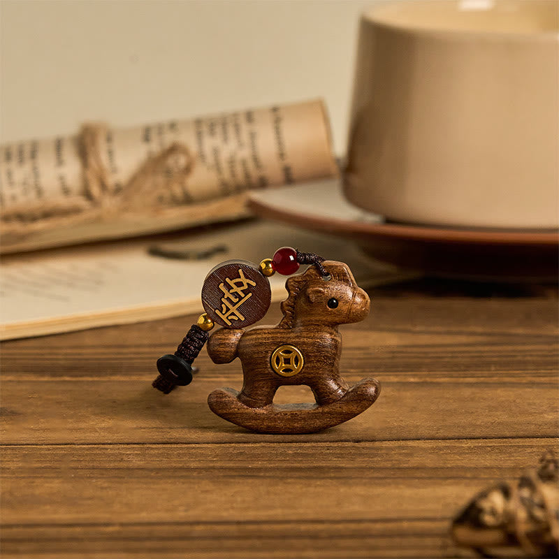 Wear FengShui Year of the Horse Rainbow Eucalyptus Small Leaf Red Sandalwood Linden Wood Ebony Carved Positive Key Chain