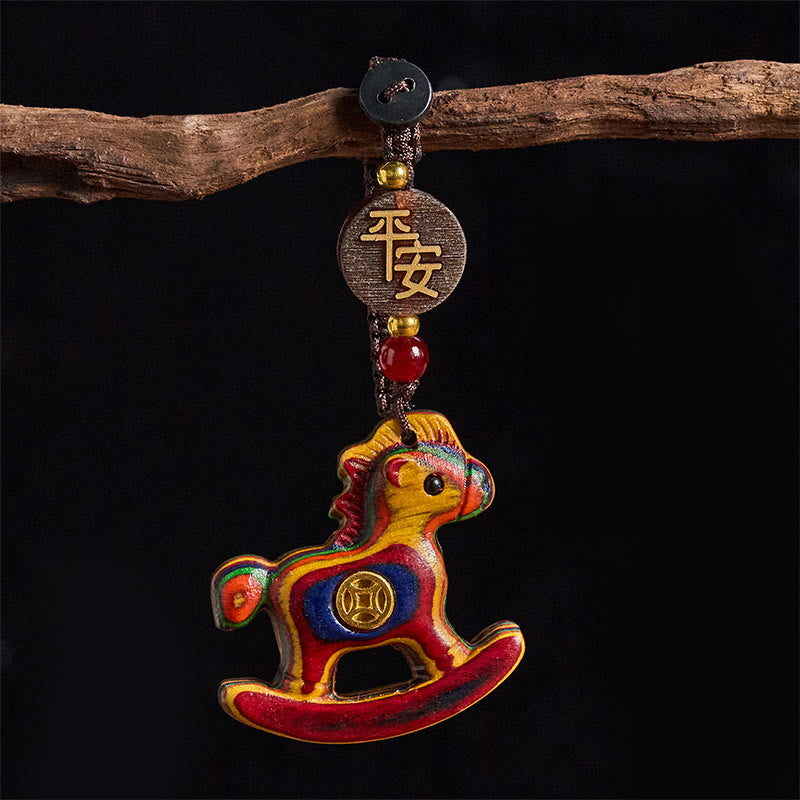 Wear FengShui Year of the Horse Rainbow Eucalyptus Small Leaf Red Sandalwood Linden Wood Ebony Carved Positive Key Chain