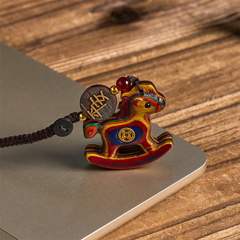 Wear FengShui Year of the Horse Rainbow Eucalyptus Small Leaf Red Sandalwood Linden Wood Ebony Carved Positive Key Chain