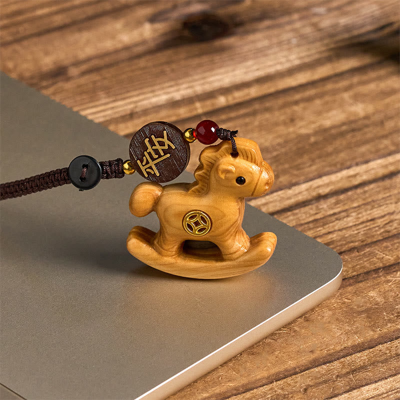 Wear FengShui Year of the Horse Rainbow Eucalyptus Small Leaf Red Sandalwood Linden Wood Ebony Carved Positive Key Chain