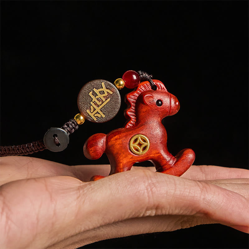 Wear FengShui Year of the Horse Rainbow Eucalyptus Small Leaf Red Sandalwood Linden Wood Ebony Carved Positive Key Chain