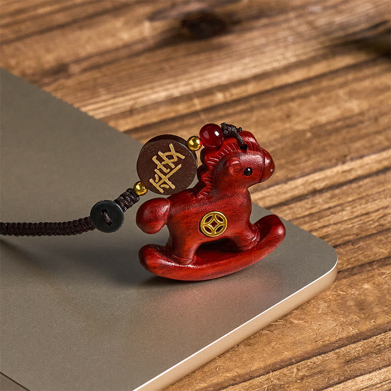 Wear FengShui Year of the Horse Rainbow Eucalyptus Small Leaf Red Sandalwood Linden Wood Ebony Carved Positive Key Chain
