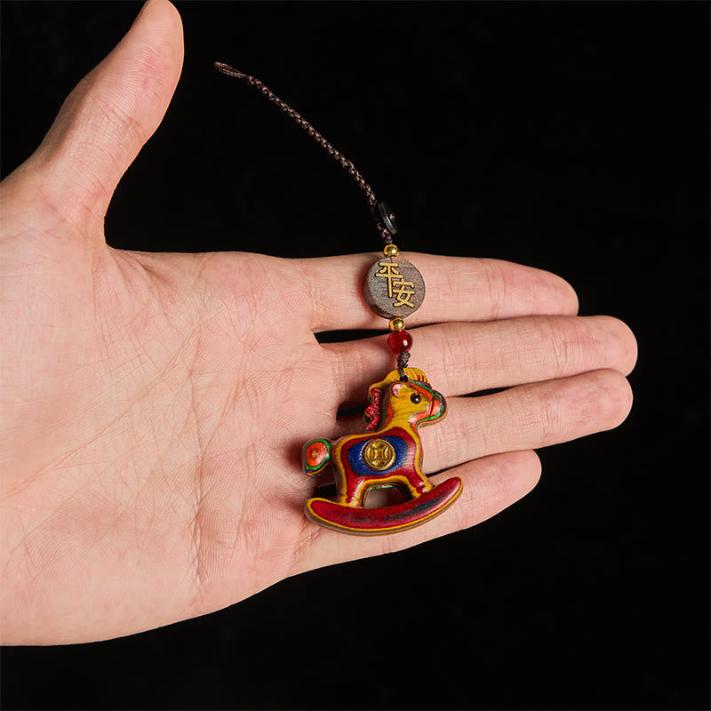 Wear FengShui Year of the Horse Rainbow Eucalyptus Small Leaf Red Sandalwood Linden Wood Ebony Carved Positive Key Chain