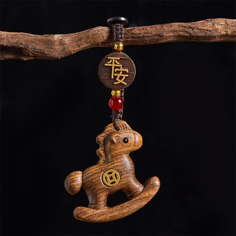Wear FengShui Year of the Horse Rainbow Eucalyptus Small Leaf Red Sandalwood Linden Wood Ebony Carved Positive Key Chain