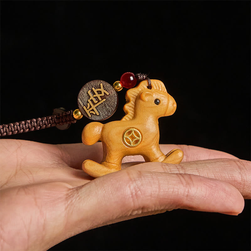 Wear FengShui Year of the Horse Rainbow Eucalyptus Small Leaf Red Sandalwood Linden Wood Ebony Carved Positive Key Chain