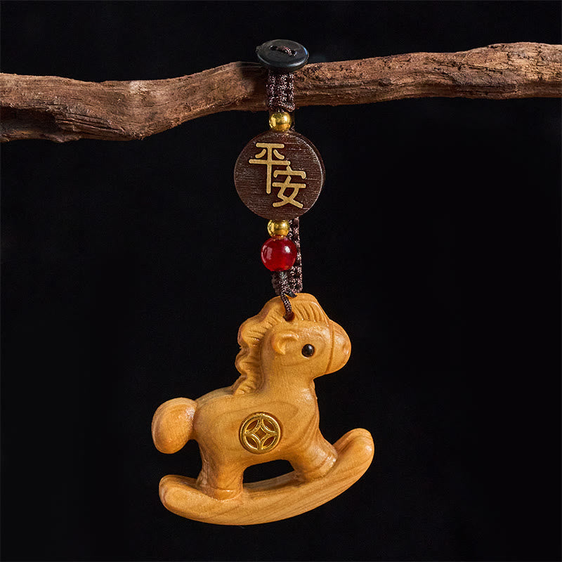 Wear FengShui Year of the Horse Rainbow Eucalyptus Small Leaf Red Sandalwood Linden Wood Ebony Carved Positive Key Chain