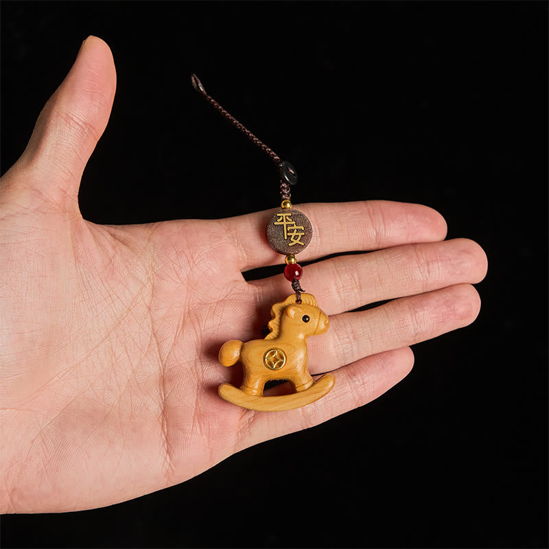 Wear FengShui Year of the Horse Rainbow Eucalyptus Small Leaf Red Sandalwood Linden Wood Ebony Carved Positive Key Chain