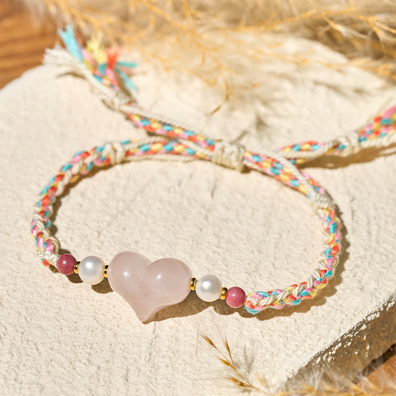 Wear FengShui Heart Design Pink Crystal Braided Rope Warmth Love Bracelet