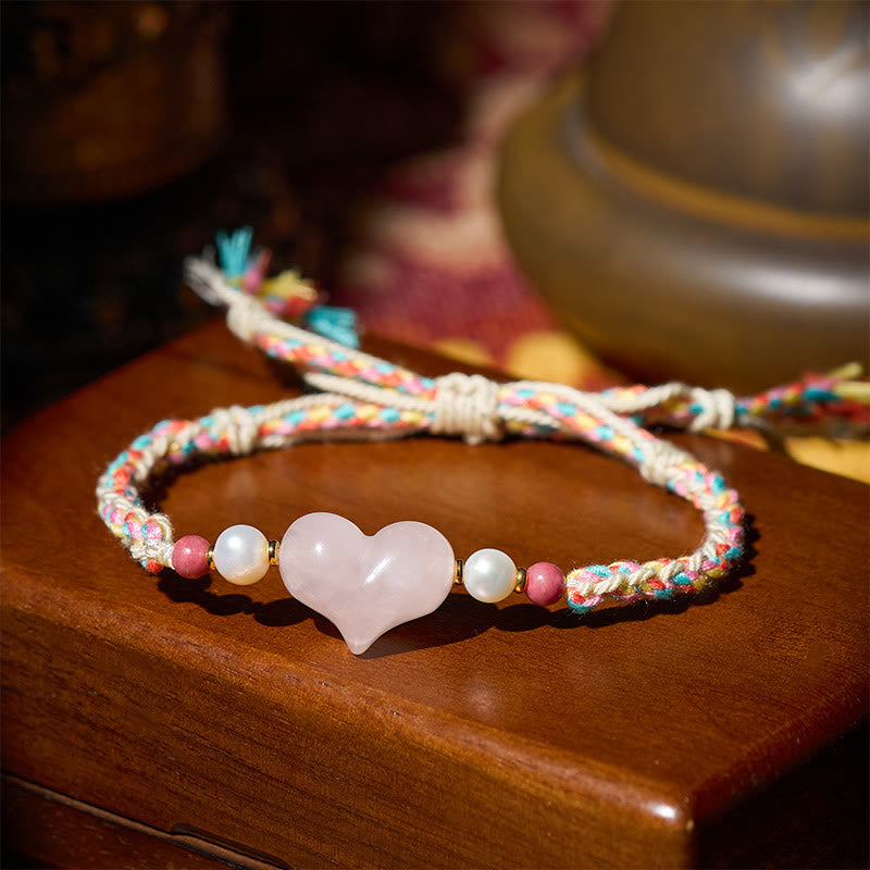 Wear FengShui Heart Design Pink Crystal Braided Rope Warmth Love Bracelet