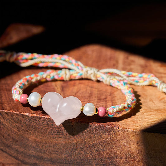 Wear FengShui Heart Design Pink Crystal Braided Rope Warmth Love Bracelet