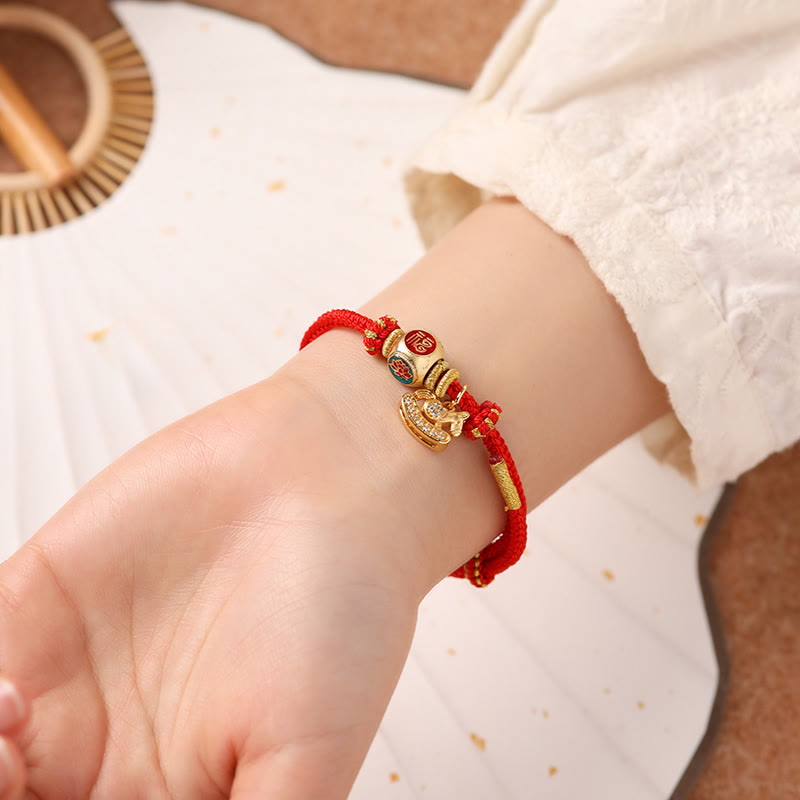 Wear FengShui Year Of The Horse Copper Red String Fu Character Lotus Luck Bracelet