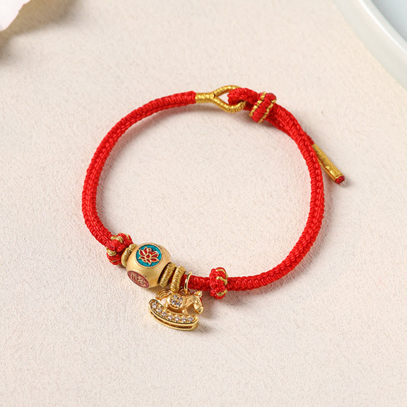 Wear FengShui Year Of The Horse Copper Red String Fu Character Lotus Luck Bracelet
