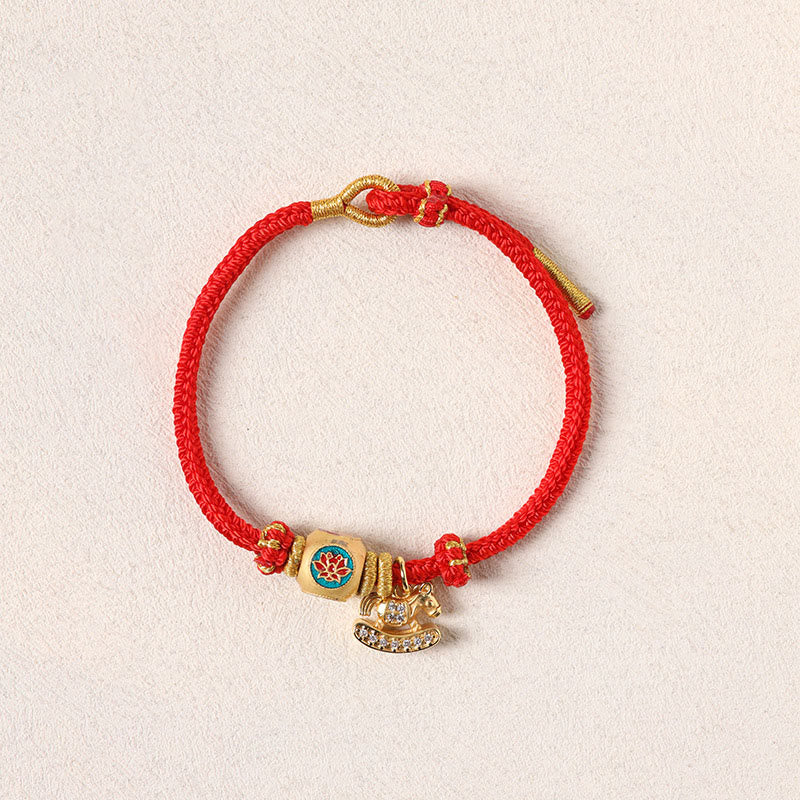 Wear FengShui Year Of The Horse Copper Red String Fu Character Lotus Luck Bracelet