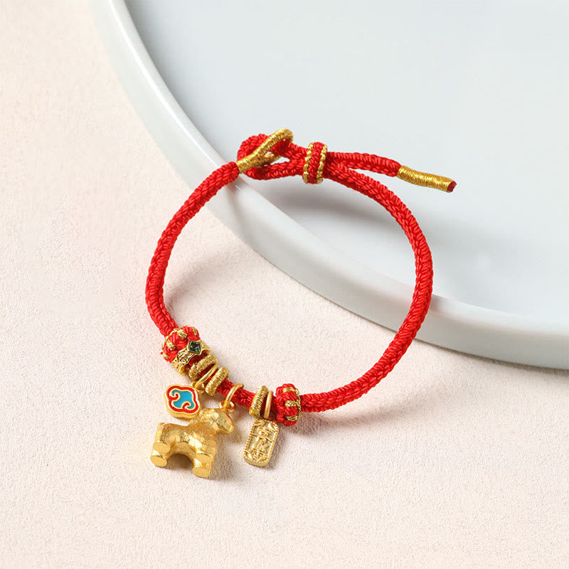 Wear FengShui Year Of The Horse Copper Red String Fu Character Lotus Luck Bracelet