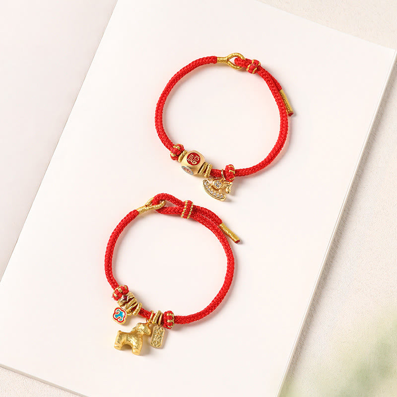 Wear FengShui Year Of The Horse Copper Red String Fu Character Lotus Luck Bracelet
