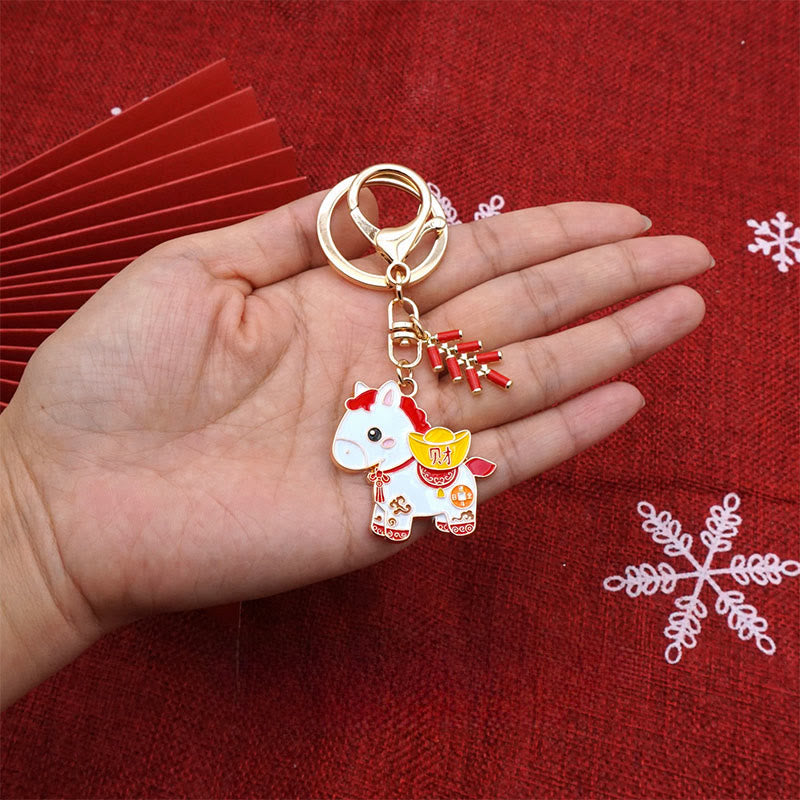 Wear FengShui "Hoping You Have a Joyful Year" Year of the Horse Ingot Red Firecrackers Alloy Key Chain Includes Gift Message Card