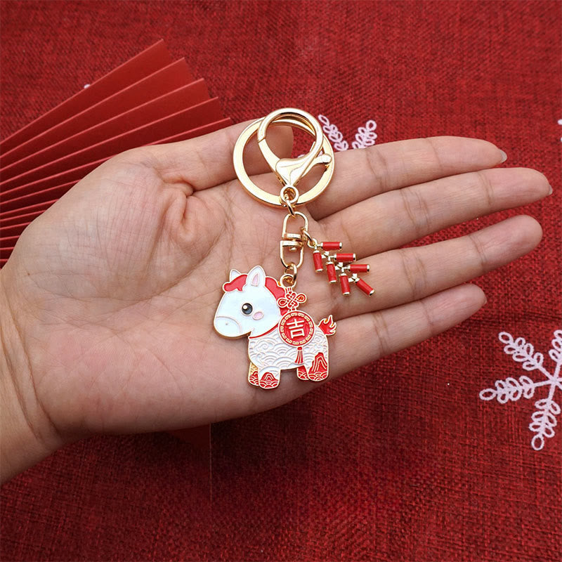 Wear FengShui "Hoping You Have a Joyful Year" Year of the Horse Ingot Red Firecrackers Alloy Key Chain Includes Gift Message Card