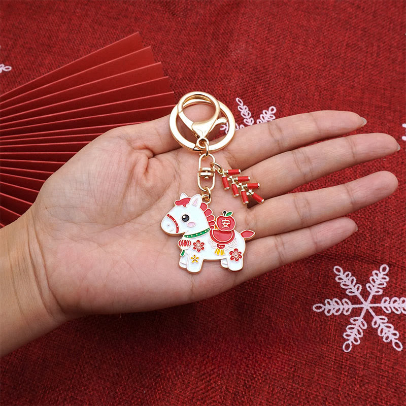 Wear FengShui "Hoping You Have a Joyful Year" Year of the Horse Ingot Red Firecrackers Alloy Key Chain Includes Gift Message Card