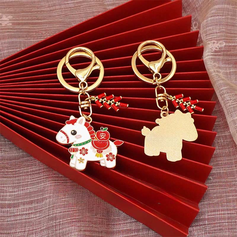 Wear FengShui "Hoping You Have a Joyful Year" Year of the Horse Ingot Red Firecrackers Alloy Key Chain Includes Gift Message Card