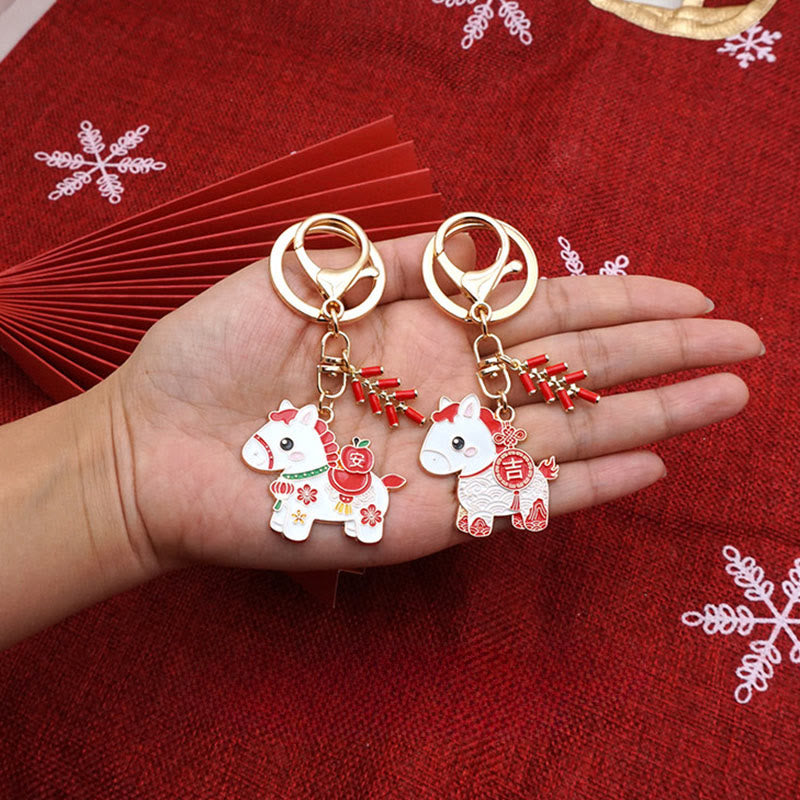 Wear FengShui "Hoping You Have a Joyful Year" Year of the Horse Ingot Red Firecrackers Alloy Key Chain Includes Gift Message Card