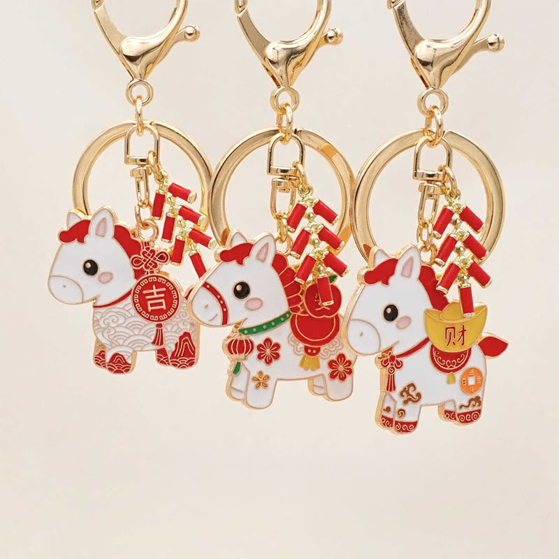 Wear FengShui "Hoping You Have a Joyful Year" Year of the Horse Ingot Red Firecrackers Alloy Key Chain Includes Gift Message Card