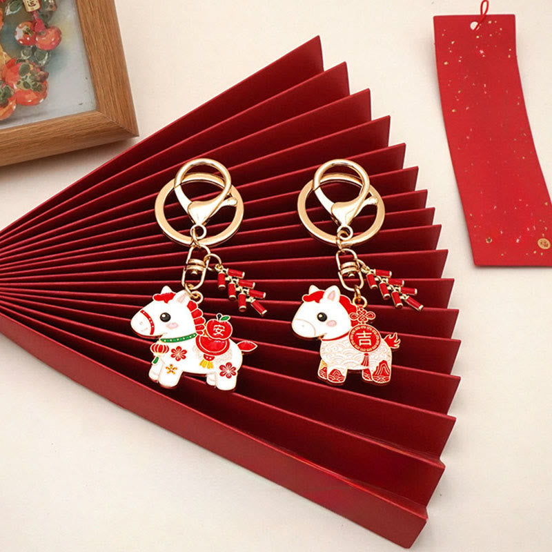 Wear FengShui "Hoping You Have a Joyful Year" Year of the Horse Ingot Red Firecrackers Alloy Key Chain Includes Gift Message Card