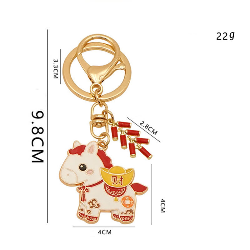 Wear FengShui "Hoping You Have a Joyful Year" Year of the Horse Ingot Red Firecrackers Alloy Key Chain Includes Gift Message Card