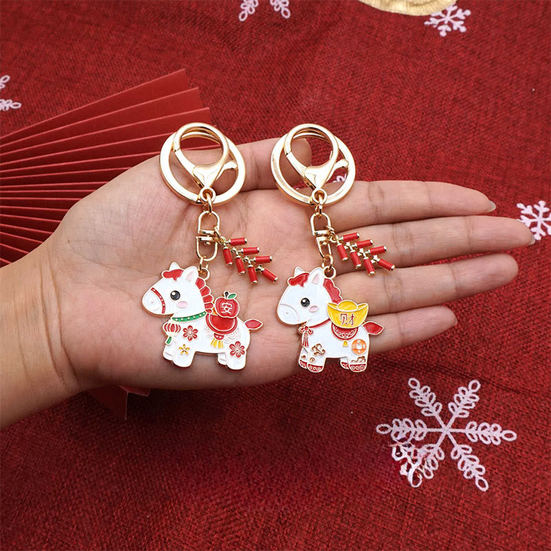 Wear FengShui "Hoping You Have a Joyful Year" Year of the Horse Ingot Red Firecrackers Alloy Key Chain Includes Gift Message Card