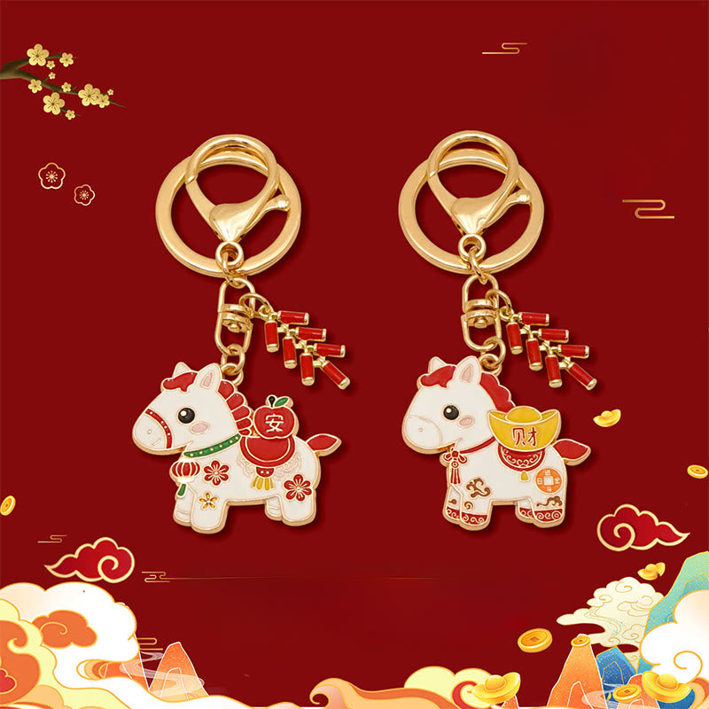 Wear FengShui "Hoping You Have a Joyful Year" Year of the Horse Ingot Red Firecrackers Alloy Key Chain Includes Gift Message Card
