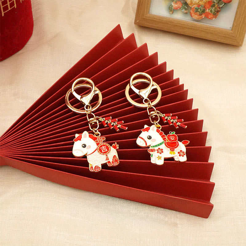 Wear FengShui "Hoping You Have a Joyful Year" Year of the Horse Ingot Red Firecrackers Alloy Key Chain Includes Gift Message Card