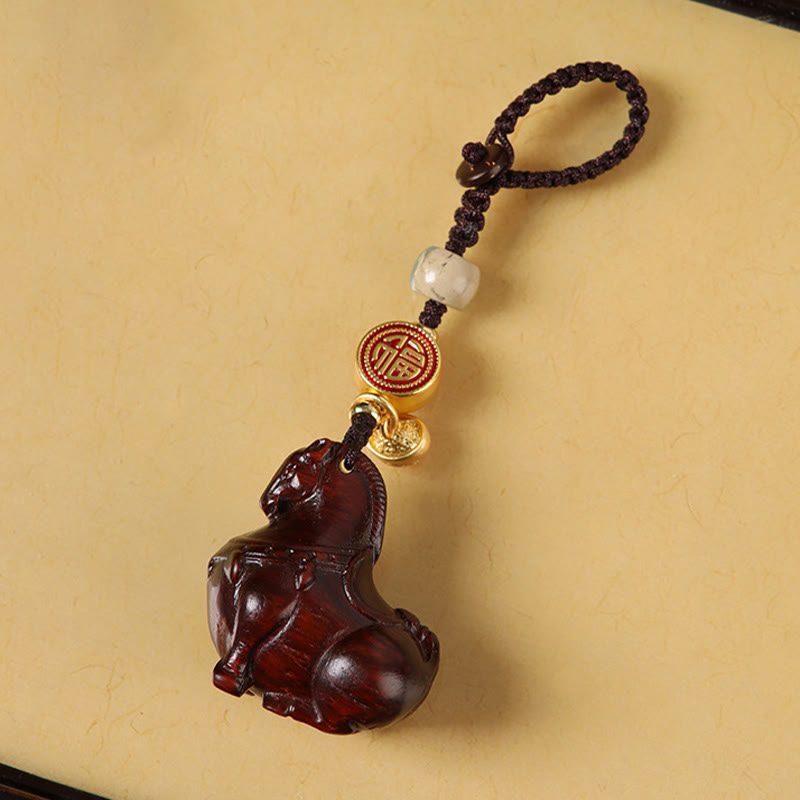 Wear FengShui Year Of The Horse Fu Character Small Leaf Red Sandalwood Various Sandalwood Balance Key Chain