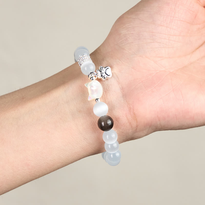 Wear FengShui Cat Head White Cat's Eye Silver Sheen Obsidian Positive Bracelet
