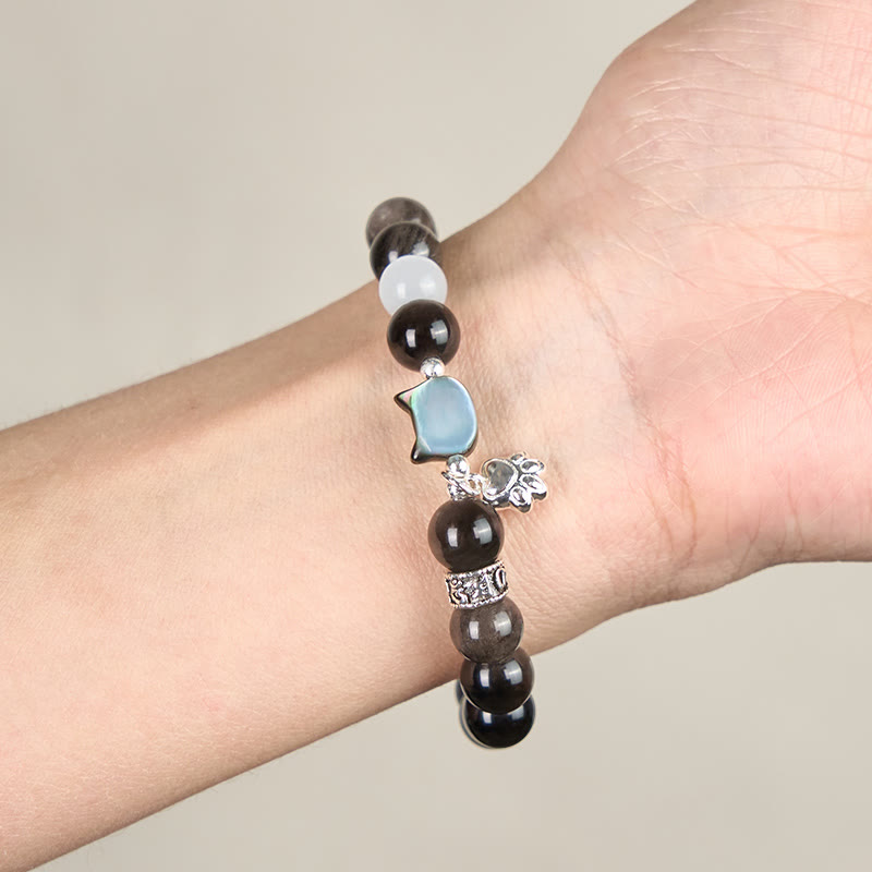 Wear FengShui Cat Head White Cat's Eye Silver Sheen Obsidian Positive Bracelet