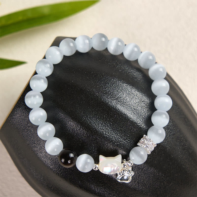 Wear FengShui Cat Head White Cat's Eye Silver Sheen Obsidian Positive Bracelet
