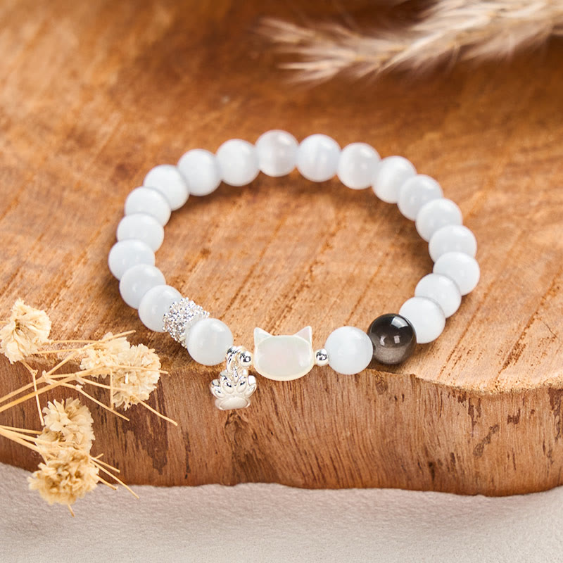 Wear FengShui Cat Head White Cat's Eye Silver Sheen Obsidian Positive Bracelet