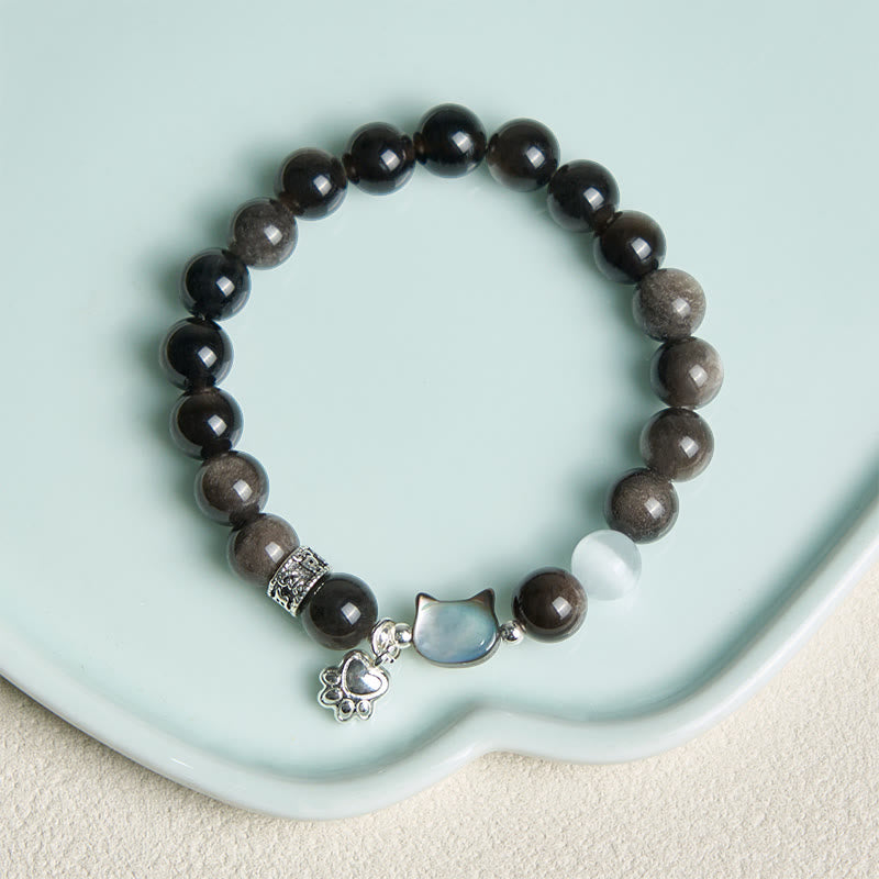 Wear FengShui Cat Head White Cat's Eye Silver Sheen Obsidian Positive Bracelet