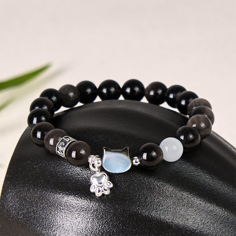 Wear FengShui Cat Head White Cat's Eye Silver Sheen Obsidian Positive Bracelet