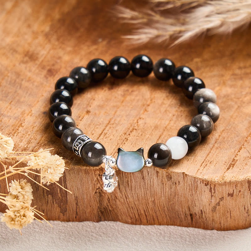 Wear FengShui Cat Head White Cat's Eye Silver Sheen Obsidian Positive Bracelet
