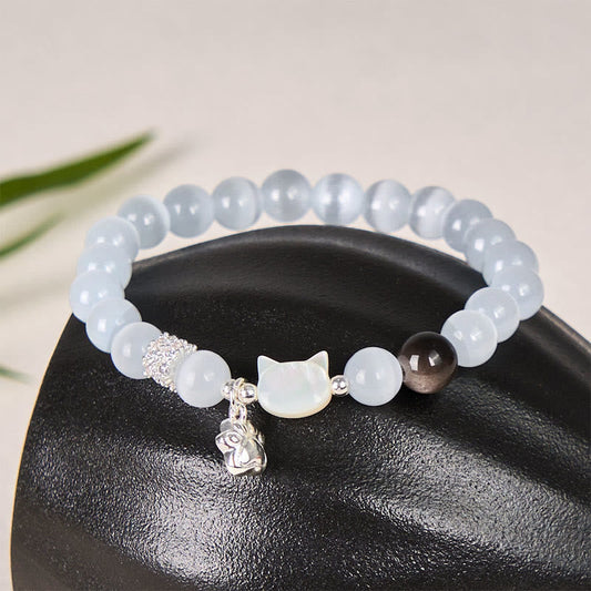 Wear FengShui Cat Head White Cat's Eye Silver Sheen Obsidian Positive Bracelet