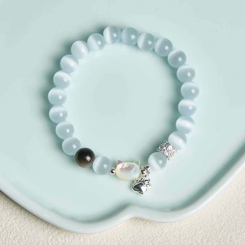 Wear FengShui Cat Head White Cat's Eye Silver Sheen Obsidian Positive Bracelet