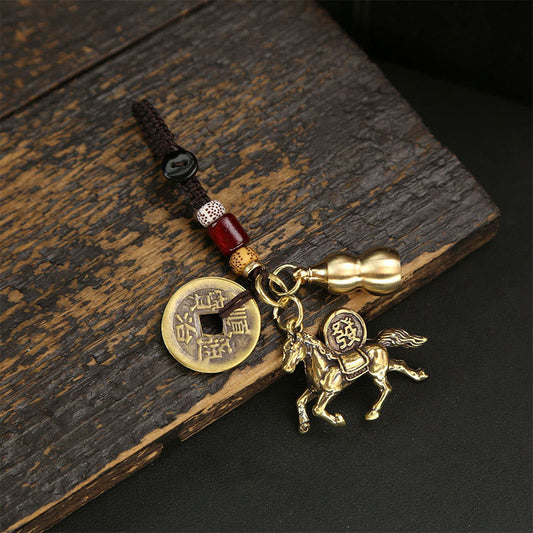 Wear FengShui Year Of The Horse Copper Brass Five-emperor Coins Pixiu Ward Off Evil Spirits Key Chain