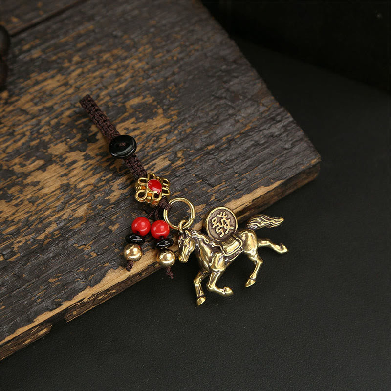 Wear FengShui Year Of The Horse Copper Brass Five-emperor Coins Pixiu Ward Off Evil Spirits Key Chain