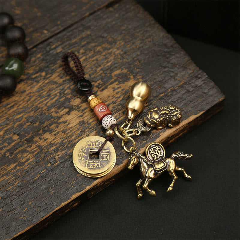 Wear FengShui Year Of The Horse Copper Brass Five-emperor Coins Pixiu Ward Off Evil Spirits Key Chain