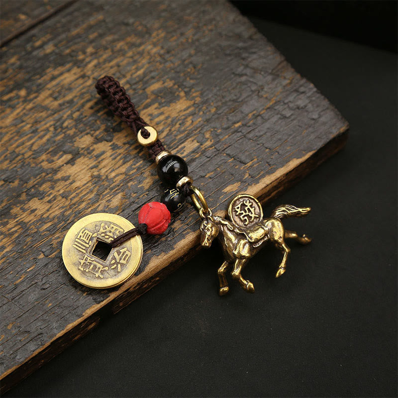 Wear FengShui Year Of The Horse Copper Brass Five-emperor Coins Pixiu Ward Off Evil Spirits Key Chain