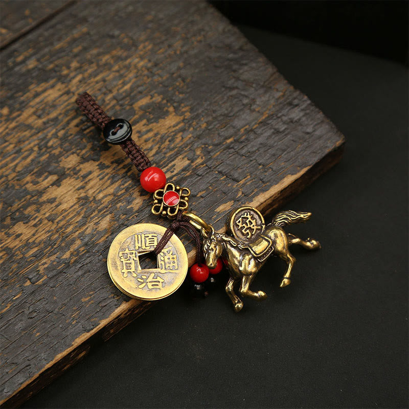 Wear FengShui Year Of The Horse Copper Brass Five-emperor Coins Pixiu Ward Off Evil Spirits Key Chain